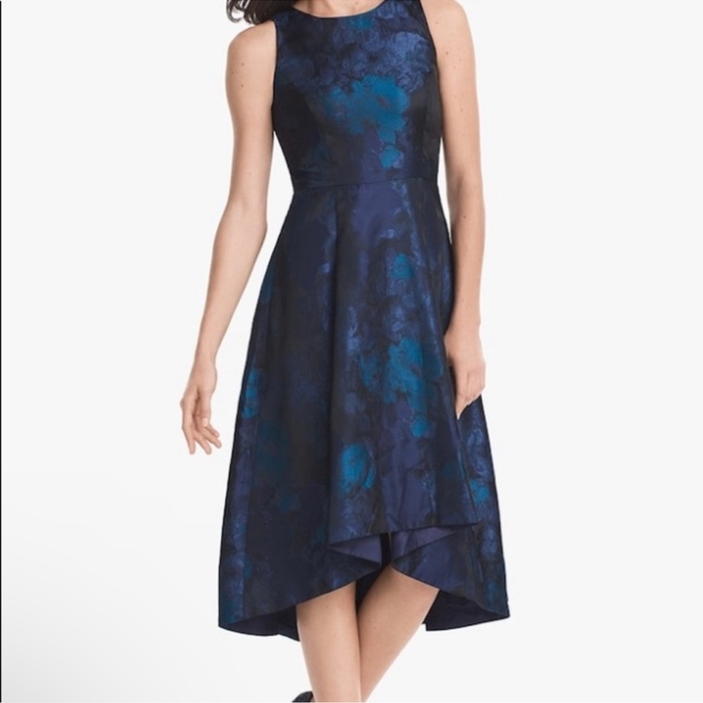White House Black Market Jacquard Hi-Low Fit & Flare Dress, Navy & Teal, Size 2